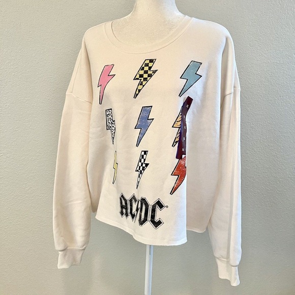 AC/DC Grayson Threads Women's XL White Cropped Lightning Bolt Sweatshirt Band T - Picture 1 of 10